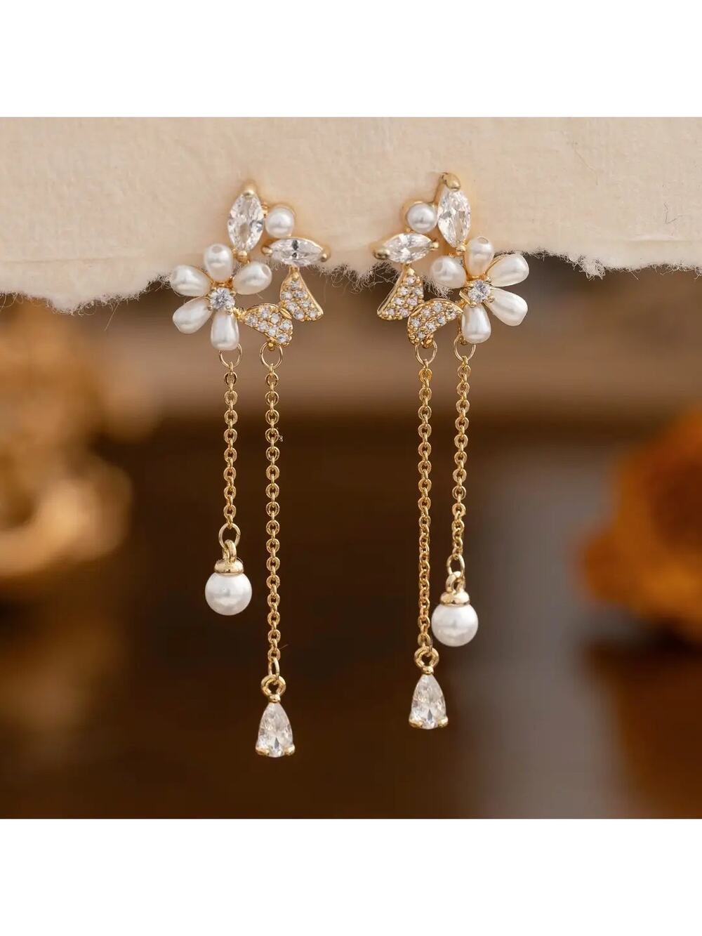 Freshwater Pearl Bridal Drop Earrings – Floral Gold Dangle Wedding Earrings